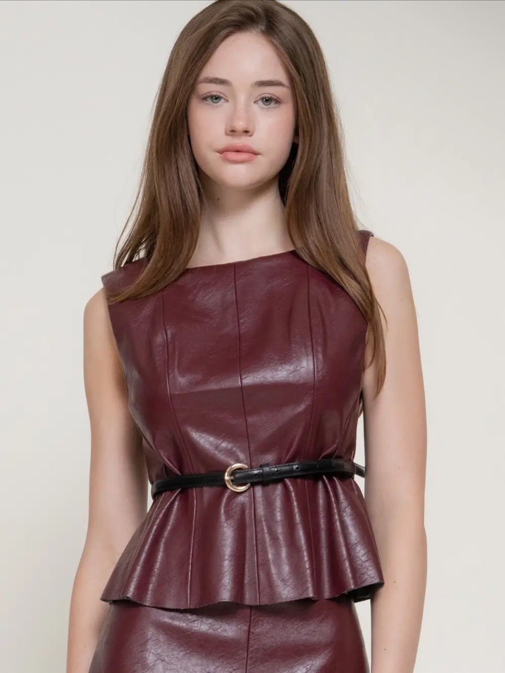 Faux Leather Sleeveless Peplum Top in Deep Burgundy